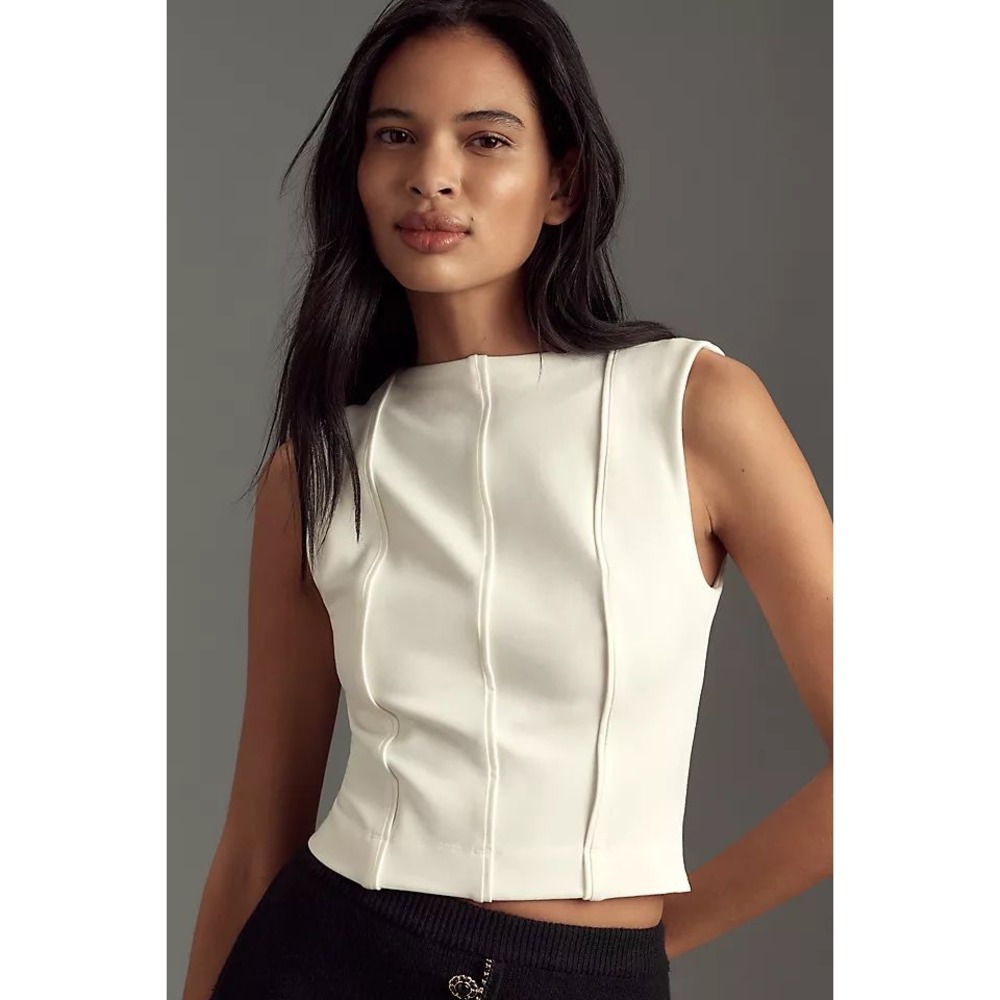 Maeve Anthropologie Ivory Ponte Seamed Sleeveless Crop Top Side Zip XS